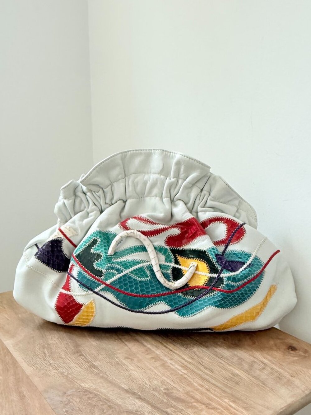 VINTAGE Made in Italy Ruched Cream Leather Abstract Multi Color Python Patchwork
